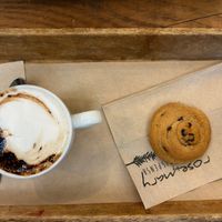 oat cappuccino and banana and chocolate cookie  at Rosebymary in Milan