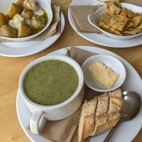 Broccoli soup, potatoes with pesto and panelle at River Green Restaurant in Norwich
