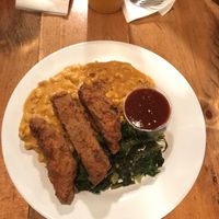 southern combo - unchicken strips, mac and cheese, collars greens at The Hogtown Vegan in Toronto