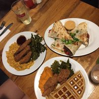 Chicken n waffles, quesedilla, chicken and mac n cheese at The Hogtown Vegan in Toronto