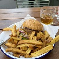 Tribute Burger with “bacon” and rosemary chips  at Honest Burgers - Leicester Square in London