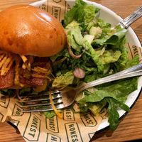 Chilli burger with ‘It’s Not Bacon’ and green salad.  at Honest Burgers - Leicester Square in London