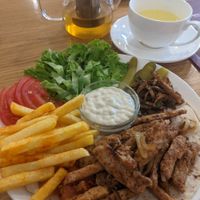 Schwarma plate and buckwheat tea at Future Diner in Yerevan