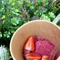 Raspberry sorbet with fresh strawberries. Perfect for Yerevan summer!
 at Future Diner in Yerevan
