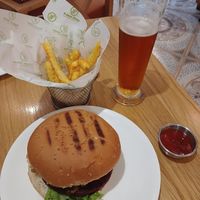Mushroom burger, fries and apricot beer at Future Diner in Yerevan