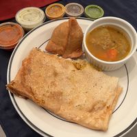Samosa, masala dosa & sambar (vegans beware: they put yogurt in their chutney (green sauce), I called and confirmed!)  at Bombay Bistro in Rockville