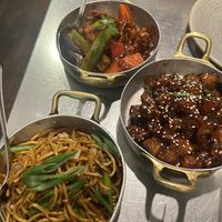 Top to bottom: Chilli (mock) chicken, soy vegetables, and Hakka noodles   at Fatt Pundit - Soho in London