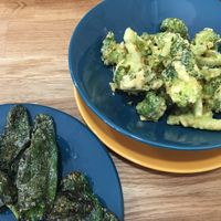 Vegetable tempura served with grilled pimentos padron at Paladares Vegan in Braga