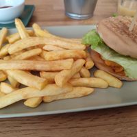 Beyond meat burger and fries at Paladares Vegan in Braga