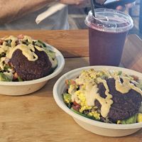 Iron man and *egg* and thigs bowls with blueberry mint smoothie at Key Roots in Islamorada