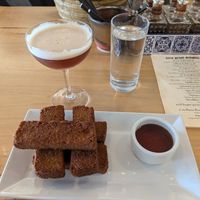 Cinnamon fried breakfast corn bread + billows & thieves n/a drink at Fellow Traveler in Englewood