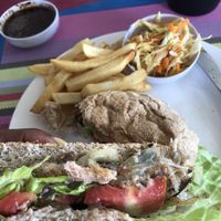 Tofu burger, pineapple slaw, with a side of jerk sauce.  at The Shak - Beach Cafe in Placencia