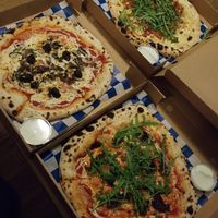 Vegan meat & smokey pizza, vegan u wot 2.0 pizza, and vegan ooo mami pizza at Oscar's Lockdown Pizza in Cambridge