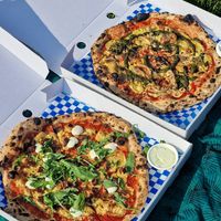 Oscar's pizzas in the park (ordered from their 2nd location at Portland Arms) at Oscar's Lockdown Pizza in Cambridge