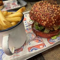 Patriot vegan burger and fries, beetroot brioche bun   at BrewDog in Bath