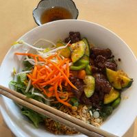 satay chicken noodle bowl. Great chewy texture on the chicken. at Easy Vegan in Richmond