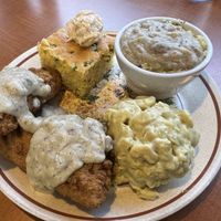 Chik’n fried steak, mashed potatoes with country gravy, Mac n cheese, jalapeño cornbread   at Cornbread Cafe in Eugene