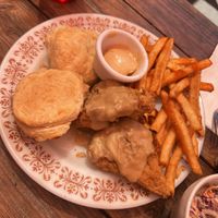 Chicken fried tempeh, Cajun fries, grilled biscuit, sassy slaw    at Cornbread Cafe in Eugene