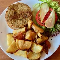 A gluten-free burger and gluten-free bun--a rare treat! at Cornbread Cafe in Eugene