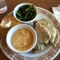 Chicken Tempeh, Cheesy Grits, Greens, and Cornbread at Cornbread Cafe in Eugene