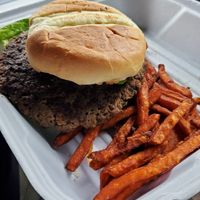 Impossible Burger with sweet potato fries at Stone Arch Brew Pub in Appleton