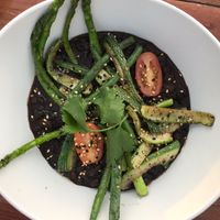Black beans with zucchini, asparagus, green beans and tomato. at Tonalli in Tijuana