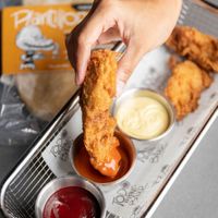 Famous Plantillopo tenders (made with chickpeas), with fries and sweet mustard at Planticería - Clayton in Panama City