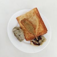 Pastel, guioza, "peixinho" at Loving Hut - Saúde in Sao Paulo