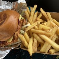 Pickle chick burger with fries  at Yumgrub in Dublin