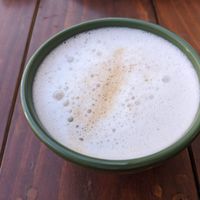 Cappuccino with coconut milk, delicious at Mejorana Cocina Temporal in Oaxaca