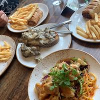 Selection of our meals - 

Homemade sausage rolls and chips , huggers signature burgers ,creamy mushrooms on sourdough toast with a balsamic drizzle ❤️ at Huggers in Norwich