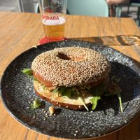 Vegan bagel with vegan cream cheese and walnuts   at Ubuntu in Tenerife