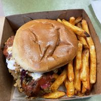 “Chicken” burger with side of fries   at Vegan Planet Café in Norfolk