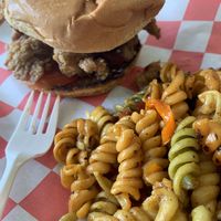 Chicken sandwich with Rasta pasta  at Vegan Planet Café in Norfolk