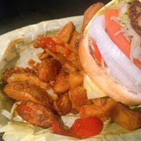 vegan burger + fries  at Hodad's Ocean Beach in San Diego
