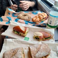 4 different sandwiches. Vastrami, smoked valmon, veggs and vham. at Bakery Bakery - HB in Zurich