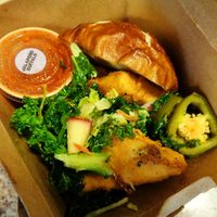 Hott Chick Tofu Sandwich. Pretzel bun, battered fried tofu triangles, apple superfood slaw, jalapeno pickles, jalapeno buffalo sauce. at Boss Chick N Beer in Seven Hills