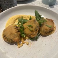 gunpowder bonda, pea spinach & potato fritters, mango pickle yoghurt  at Mildreds - Covent Garden in London