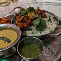 kiri hodi
sri lankan coconut curry leaf sauce, sweet potato green bean sabzi, pineapple achar, cashew coconut sev, pea basmati, mint mango chutney at Mildreds - Covent Garden in London