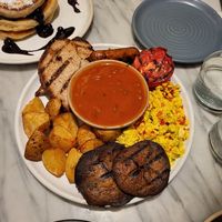 Full English. Blueberry pancakes at Mildreds - Covent Garden in London