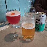 Sakura pomegranate cosmo; non-alcoholic beer. at Mildreds - Covent Garden in London