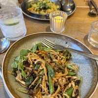 Lime Mocktails, curry dish, and Dan Dan noodles  at Mildreds - Covent Garden in London