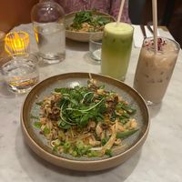 Dan dan noodles (£16.50, times 2), green juice (£6.50) and rose chai (£5.50). They also refill your complementary tap water whenever you run out.  at Mildreds - Covent Garden in London