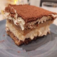 'White Chocolate Tiramisu' - almond sponge cake soaked in coffee layered with white chocolate mousse ($8.50) at Mildreds - Covent Garden in London