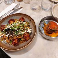 'salt & pepper tofu bokkeumbap' - kim chi fried rice, salt pepper organic tofu, sweet gochujang chilli dressing, garlic aioli, shredded nori ($16.80) + roast sweet potato ($4) at Mildreds - Covent Garden in London