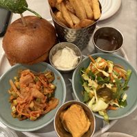 Korean burger but all toppings on side (they forgot to cut it in half)  at Mildreds - Covent Garden in London