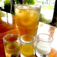 Venezuelan “Lemonade” (big glass) and juice samples  at Kaxapa Factory in Playa Del Carmen