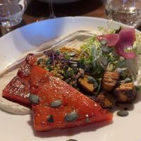 Seared watermelon with smoked tofu and bulgur    at Le Coupe-Chou in Paris