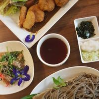 Soba Noodles with Spinach sesame salad and Curry with fried Veggie Nuggets.  at Sustaina in Bangkok