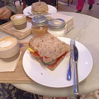 Toast and cappuccino are vegan at Cafe Fika in Pamplona